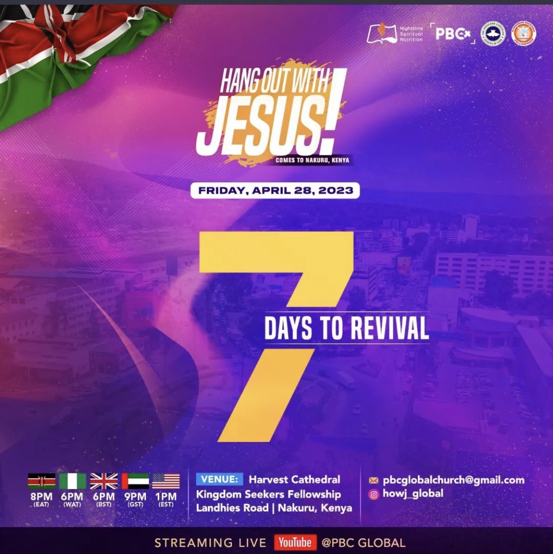 pbc_global's tweet photo. 7 Days to Hang out with Jesus Kenya! 7 days to Revival!
Don't miss out! We would also be stream live on YouTube
Link: https://t.co/21CSrwiiCM
Flyer for more details...
#7daystorevival #HOWjKenya #HOWJGlobal #NSNAlter #PBCGlobal #RCCG #GlobalChurch https://t.co/vZnssV47v3