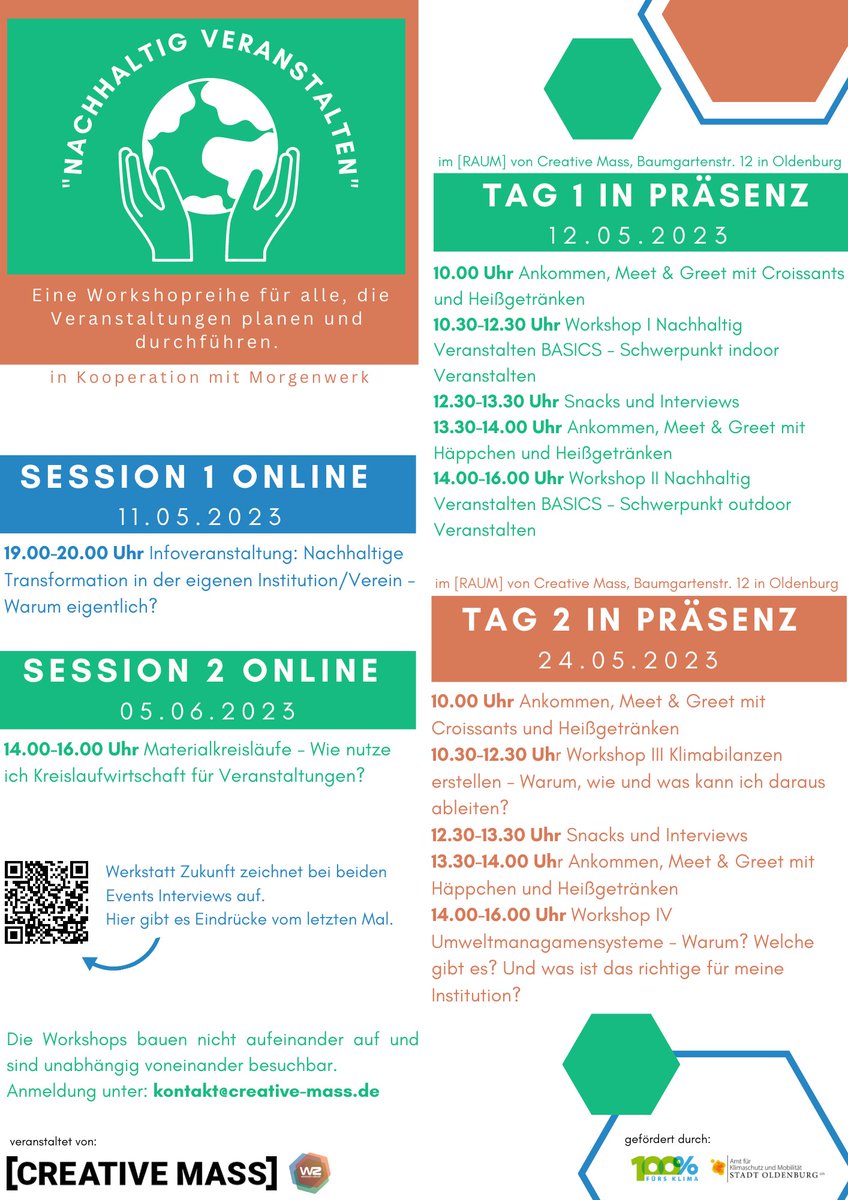 OldenburgKlima's tweet photo. Du möchtest deine Veranstaltungen gerne #nachhaltig durchführen - weißt aber nicht, wie? Creative Mass &amp; Werkstatt Zukunft bieten im Mai die kostenlose Workshop-Reihe "Nachhaltig Veranstalten" an.
👉Infos unter https://t.co/25SdF62Ey7
👉Anmeldung über kontakt@creative-mass.de https://t.co/gtTsHWCgIY