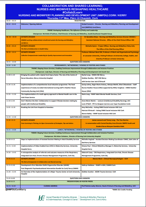 NMPDUCorkKerry's tweet photo. 👏@NMPDUCorkKerry are delighted to publish our agenda for the conference on 11th May #Collab2Learn. Looking forward to welcoming all our  speakers on the day - https://t.co/2h2fizGxBE
@CarmelBBuckley @ConnaireSinead @GSGerShaw @NurMidONMSD @BridAOSullivan @chiefnurseIRE https://t.co/zMxLawYpvm