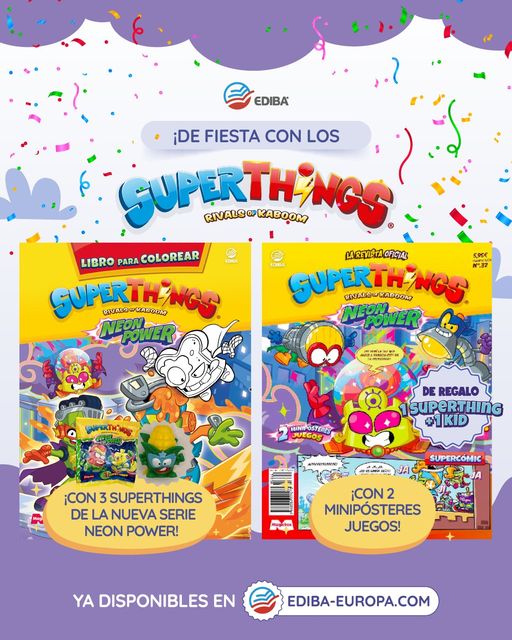 edibaesp's tweet photo. ¡Tus amiguitos más chulos y coloridos volvieron a Kaboom City! de la mano de muuuchas sorpresas 🤩
y la nueva serie ⚡NEON POWER ⚡
Y además el nuevo Libro para Colorear SuperThings
Encuéntralos en los kioscos, en Amazon y en nuestra tienda online https://t.co/HZt2F46KCp
#EDIBA https://t.co/z0qu4qPHLI