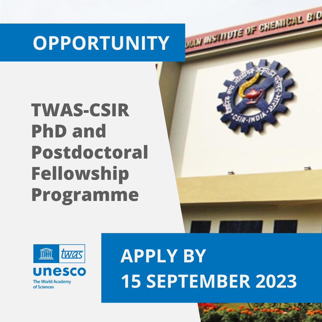 If you are a young scientist from a developing country who wishes to pursue a #PhD or #postdoc in emerging S&amp;T—this fellowship through TWAS and 
<a href="/CSIR_IND/">CSIR, India</a> might be a key opportunity for you. 

Learn how to apply:
- PhD: twas.org/opportunity/tw…
- Postdoc: twas.org/opportunity/tw…