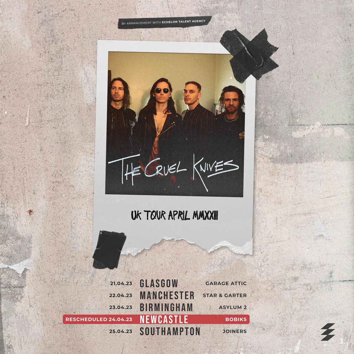 TheCruelKnives's tweet photo. To everyone in Newcastle, we were gutted we had to cancel our show yesterday but the good news is we’ve rescheduled the gig to this coming Monday, the 24th April! Tickets for the shows are available at the link in our bio. https://t.co/N1VUJKal7f