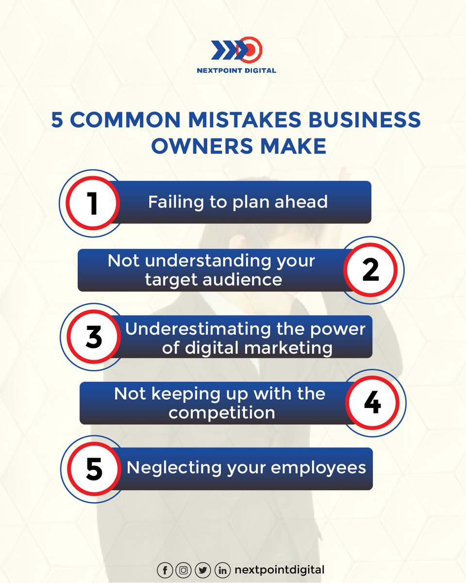 nexpointdigital's tweet photo. Are you making these common mistakes? Avoid these pitfalls to ensure the success of your business.
Contact us to help you grow your business.
#businessmistakes #entrepreneurmindset #successmindset #businessgrowth #digitalmarketing #employeeengagement #Nextpointdigital https://t.co/wdK7l9IamM