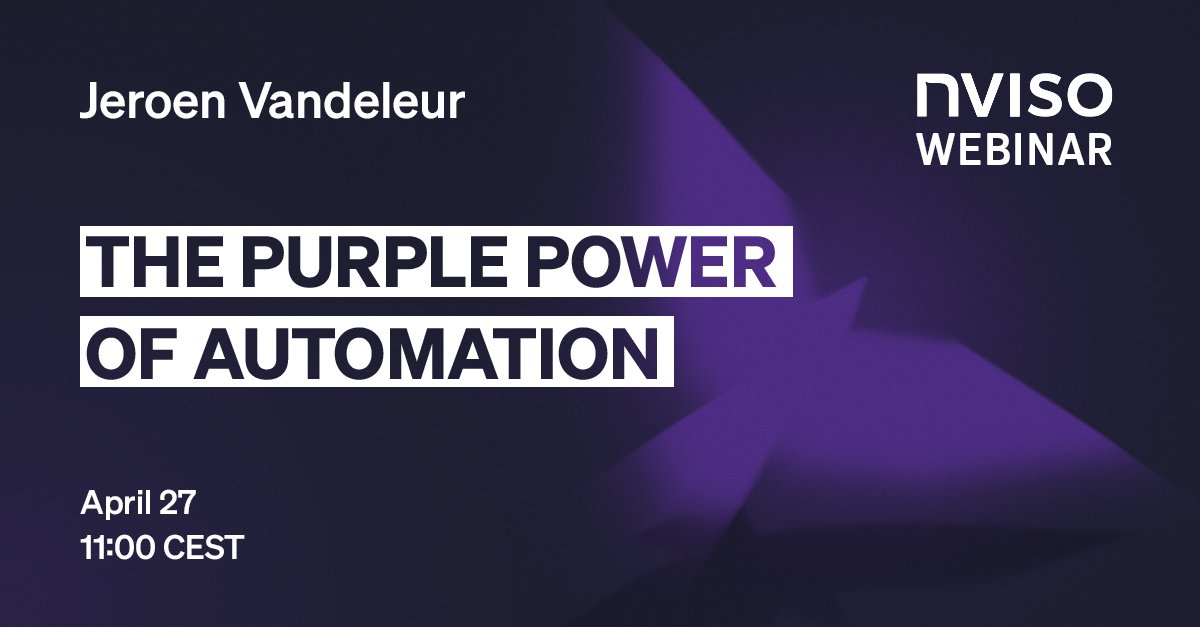 NVISO_Labs's tweet photo. 📢 Upcoming webinar
ℹ The Purple Power of Automation
🗣 Jeroen Vandeleur
📅 April 27th, 11:00 CEST
👉 https://t.co/ar8lNVBk48
#security #automation #nviso #informationsecurity #purpleteam #webinar https://t.co/9XdR9a5ub8