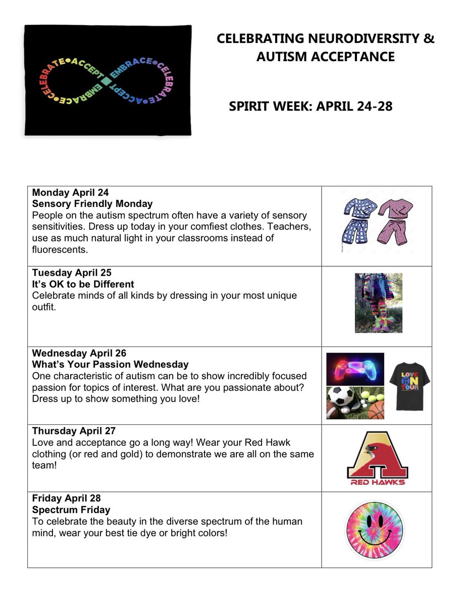 AHS LINKs (@ahs_links) on Twitter photo Next week is also Spirit Week! See below for spirit days celebrating Neurodiversity and Autism Acceptance!
<a href="/troy_athens/">Troy Athens High School</a> Next week is also Spirit Week! See below for spirit days celebrating Neurodiversity and Autism Acceptance!
<a href="/troy_athens/">Troy Athens High School</a>