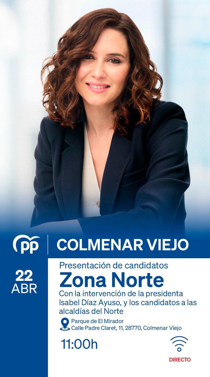ppajalvir's tweet photo. Mañana sábado a las 11:00 h, en Colmenar Viejo, será la presentación de los candidatos de la zona Norte de Madrid y allí estaremos acompañando a nuestro candidato, Antonio Martín Méndez, junto con Isabel Díaz Ayuso y los demás candidatos del Norte.
¡Te esperamos! https://t.co/TMFEcbwT0i