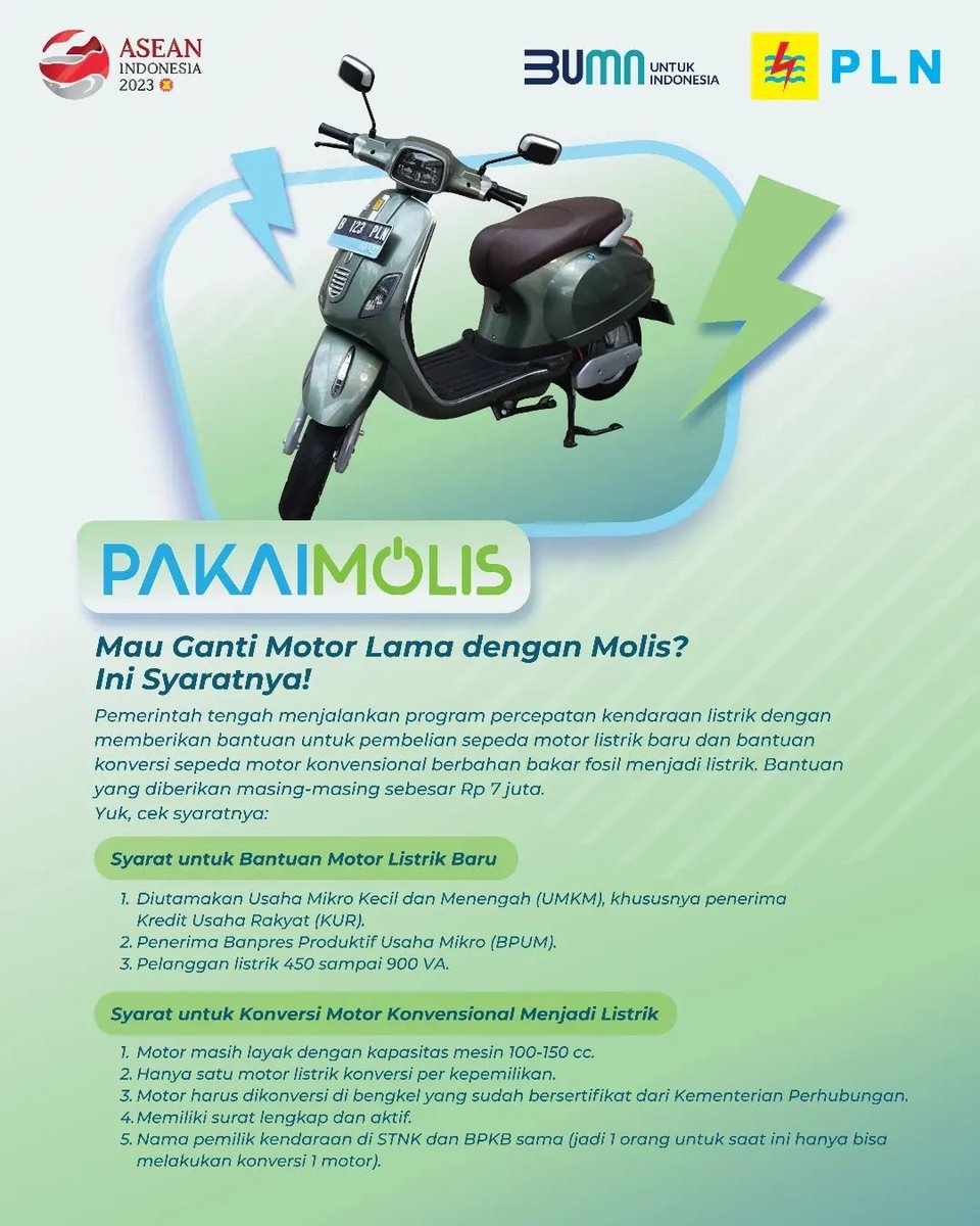 pln_ntb's tweet photo. Electrizen, selain banyak keunggulan, #PakaiMolis juga banyak untungnya loh. Tahukah kamu, Pemerintah tengah menjalankan program percepatan kendaraan listrik dengan memberikan bantuan untuk pembelian sepeda motor listrik baru dan bantuan konversi sepeda https://t.co/wwH2Bo34bN