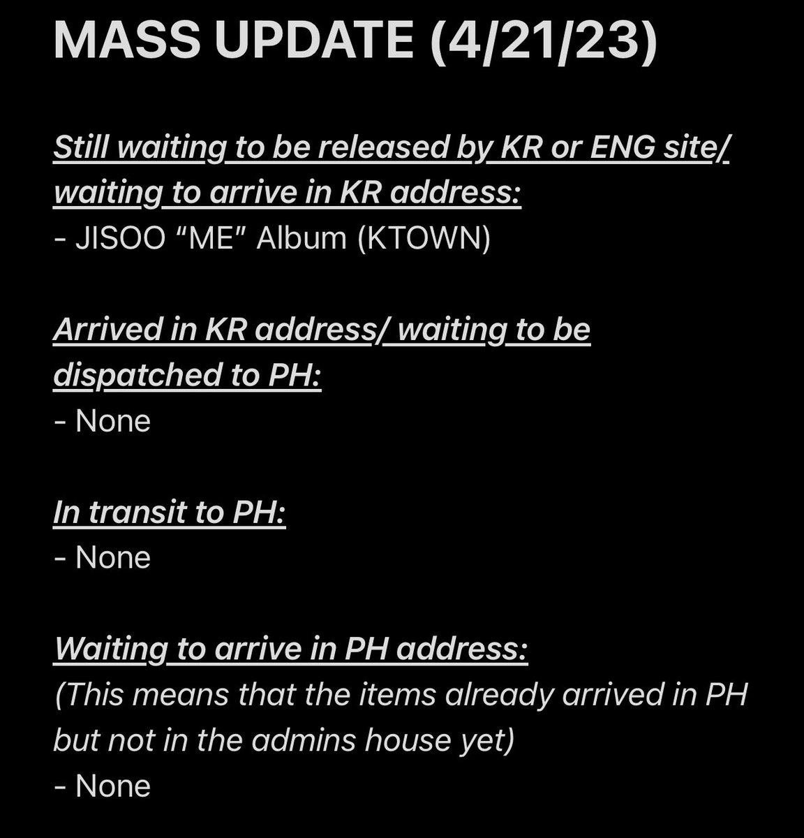 LINE94PH's tweet photo. #LINE94UPDATES
Mass updates ✨
We apologize for the delay of Jisoo’s album from KTOWN4U due to the delays on their end which was brought by the increase in sales. Rest assured that we will keep you posted once they shipped the albums already.
Thank you for patiently waiting https://t.co/wKgdUiPiDX