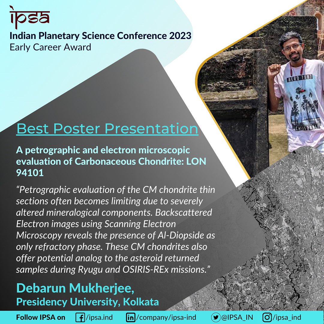 hamishdsouza's tweet photo. Debarun Mukherjee presented his work at the Indian Planetary Science Conference organised by the Indian Planetary Science Association and won the Early Career Award for Best Poster Presentation 

#planetaryscience https://t.co/XVxhH2xZWa