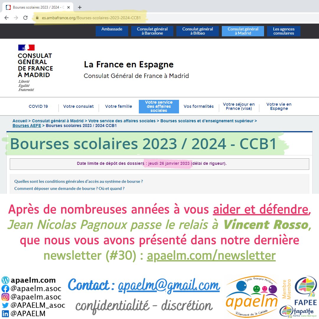 APAELM_asoc's tweet photo. 24 avril 2023 : réunion Conseil Consulaire des Bourses (Madrid), transmission propositions à l’AEFE.
Vous souhaitez un appui ? > apaelm@gmail.com
https://t.co/JSDeTyWdm6
#LFIM #LFIMadrid #LFIMolière #soylfim #jesuislfim
#compromiso #AMPA #engagement #APE
#padres #madres #parents https://t.co/dP2aDE7b3s