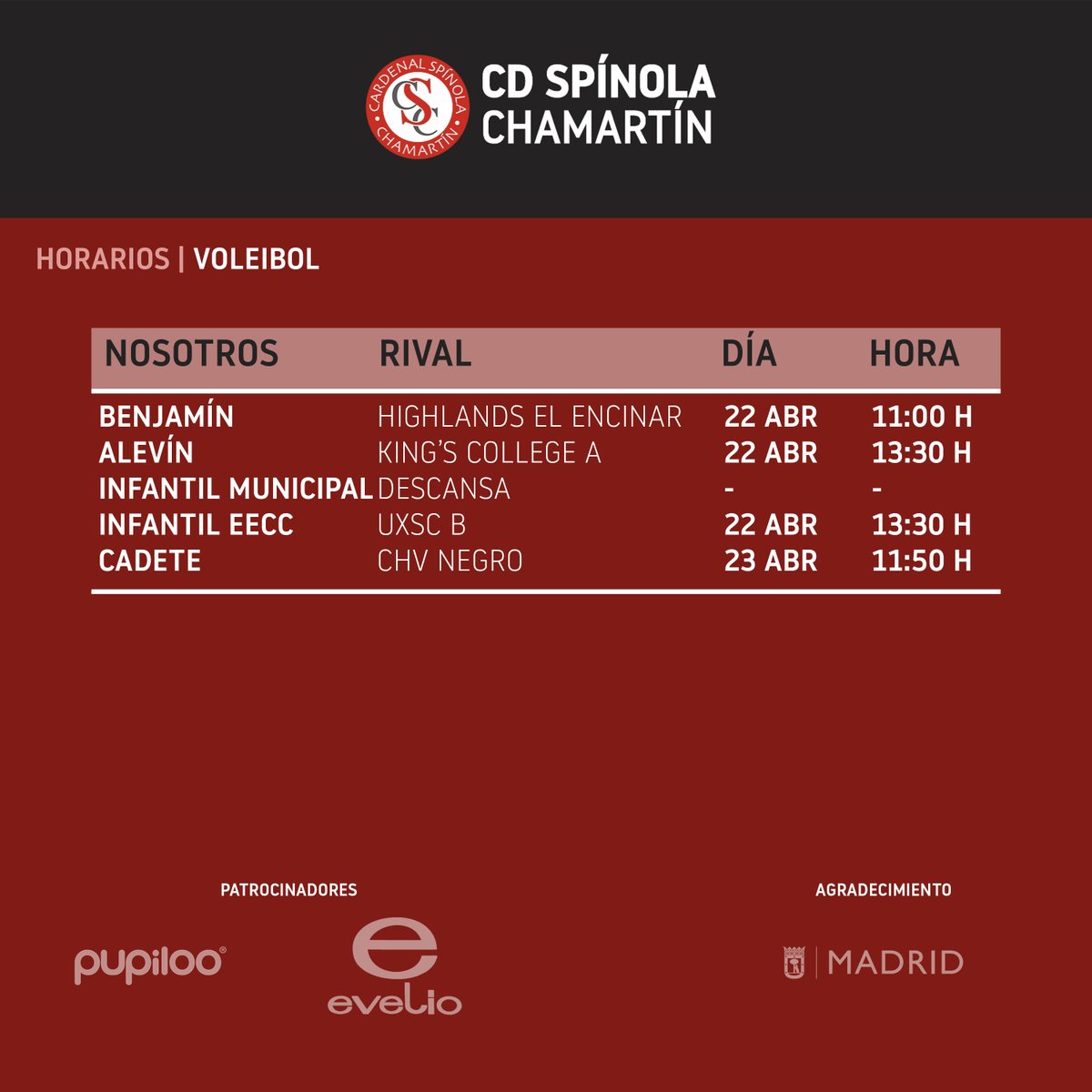 Aquí tenéis los horarios de los próximos partidos. ¡Mucha suerte a todos! ⚽️🏀🏐