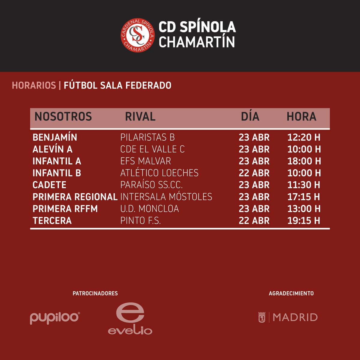 CD_Spinola's tweet photo. Aquí tenéis los horarios de los próximos partidos. ¡Mucha suerte a todos! ⚽️🏀🏐 https://t.co/yfNAumkjhB