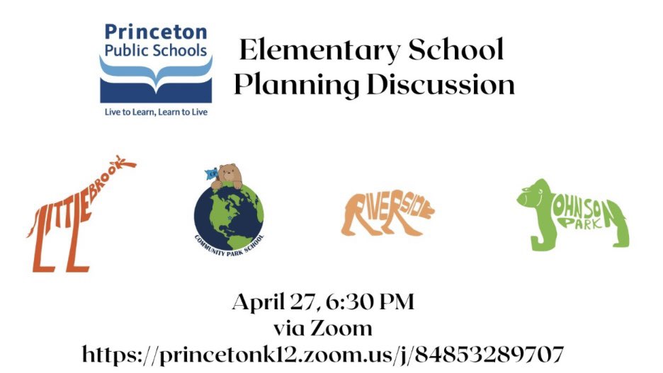 Join us next week on April 27th for our Elementary School Planning Discussion 🦒🦍🐻🐻<a href="/princetonK12/">PrincetonK12</a> @drKforequity <a href="/KimberlyRTew/">Kimberly Tew, Ed.D.</a> <a href="/PrincipalSS_JP/">Dr. Angela Siso Stentz</a> <a href="/Principal_LB/">Mr. Luis Ramirez</a> <a href="/PrincipalG_CP/">Dineen Gruchacz</a>