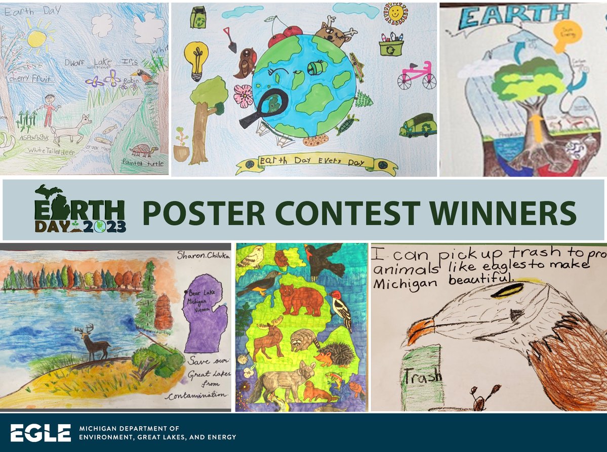 MichiganEGLE's tweet photo. Congratulations to the #EarthDay2023 Poster Contest winners! Posters were submitted from all over the state from students in K-5th grade. 

Check out thread below for the poster winners in each grade. Terrific job to all! https://t.co/E40xfThmt3 #EarthDayWeek #EGLEClassroom https://t.co/5BRKcYQwhh