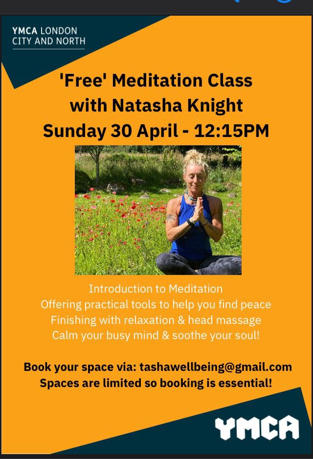 Free meditation class on Sunday 30th April at the Crouch End YMCA Fitness Centre. Confirm your place⬇️ 
tashawellbeing@gmail.com