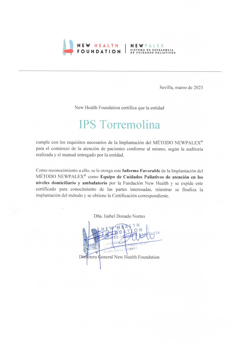 NewhealthF's tweet photo. Felicitamos a IPS Torremolina por obtener el Informe Favorable que les habilita para dar entrada de pacientes conforme al método NEWPALEX en los ámbitos domiciliario y ambulatorio y continuar el proceso hacia la Excelencia en Cuidados Paliativos. #NEWPALEX #excelencia #Colombia https://t.co/MicYKmrQYc