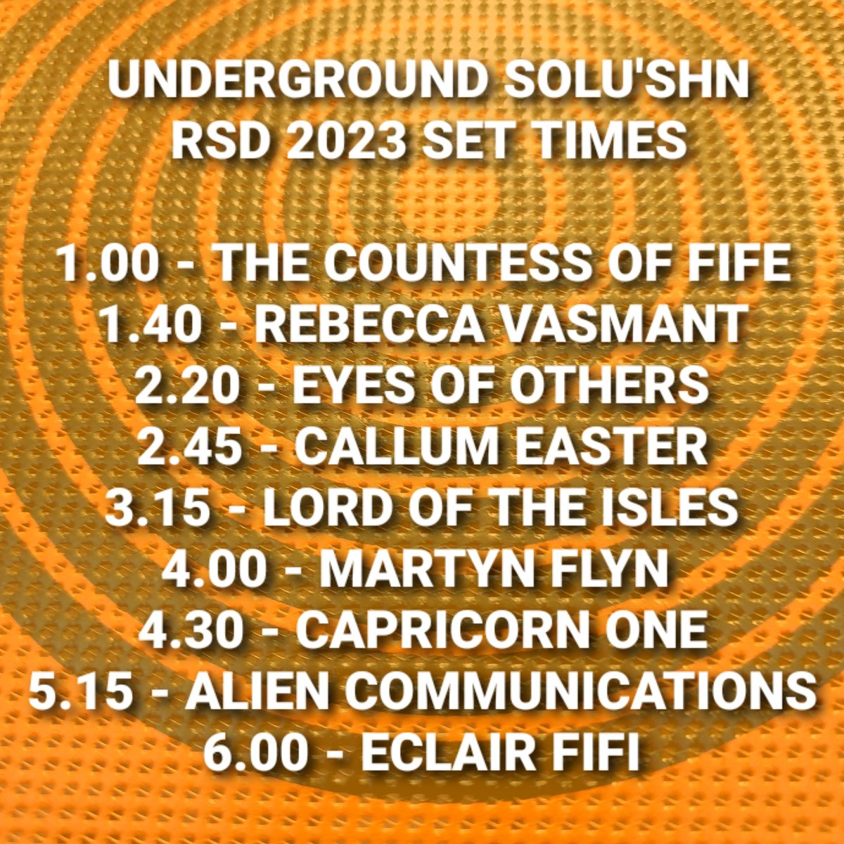 Set times for our #RSD23 show tomorrow...gonna be VIBEZ for sure! 🎤🎹🎸🎛🎚🎶

Swing on down and BYOB 🍻 Cheers!