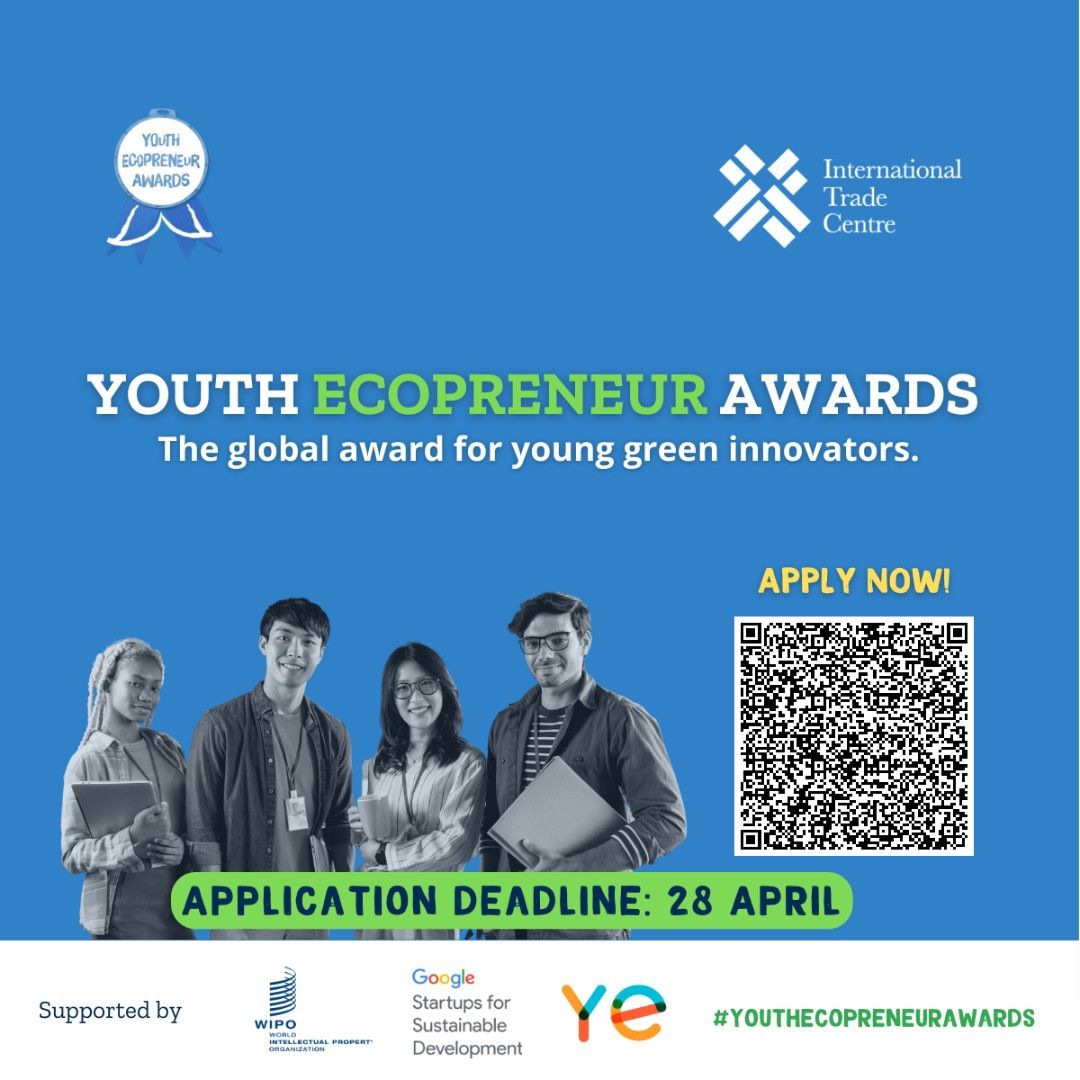 🔔APPLY NOW!✅ for the Youth Eco-preneur Awards 2023, coordinated by <a href="/ye_community/">ITC Ye! Community</a> to recognise and celebrate the #impact of #young eco-#entrepreneurs, with support from <a href="/WIPO/">World Intellectual Property Organization (WIPO)</a> and <a href="/Google/">Google</a>.

Click on this link to apply👉lnkd.in/gEppR65H
Learn more👉 lnkd.in/d-2qizp7