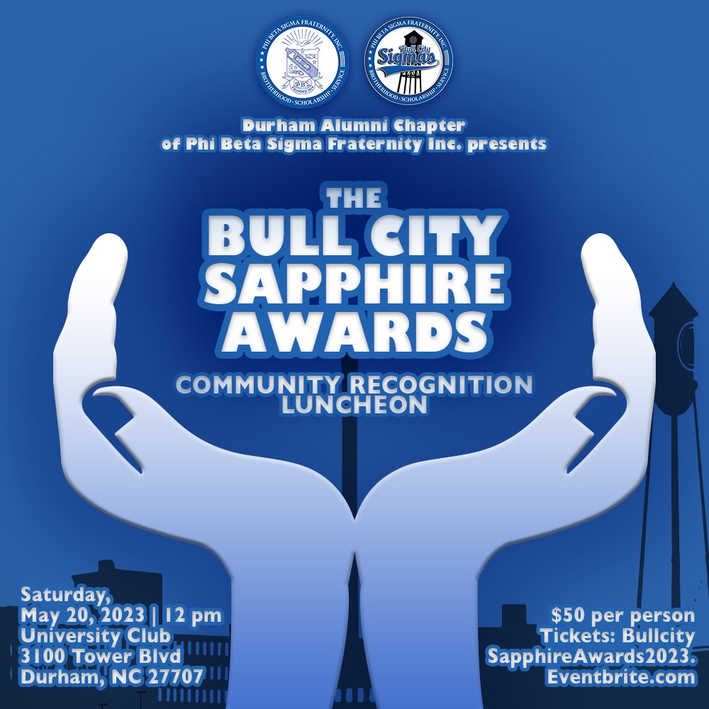 Join us for the 2023 Bull City Sapphire Awards Community Recognition Luncheon as we recognize individuals and organizations making great strides in Business, Education, and Social Action. Get your tickets now! | #Durham #CommunityService | TIX LINK: …citysapphireawards2023.eventbrite.com