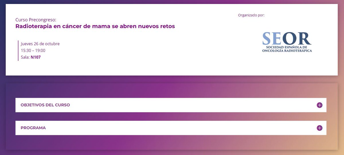 Radioterapia en cáncer de mama se abren nuevos retos

Curso precongreso organizado por <a href="/SEOR_ESP/">SEOR.es</a> 

🗓️Jueves 26 de octubre 2023

¡Visita la web!➡️congresodelamama.org/cursos-precong…

#6CEMA #patologíamamaria #cáncerdemama

<a href="/SEDIM_RX/">SEDIM</a> <a href="/sespm/">SESPM</a>