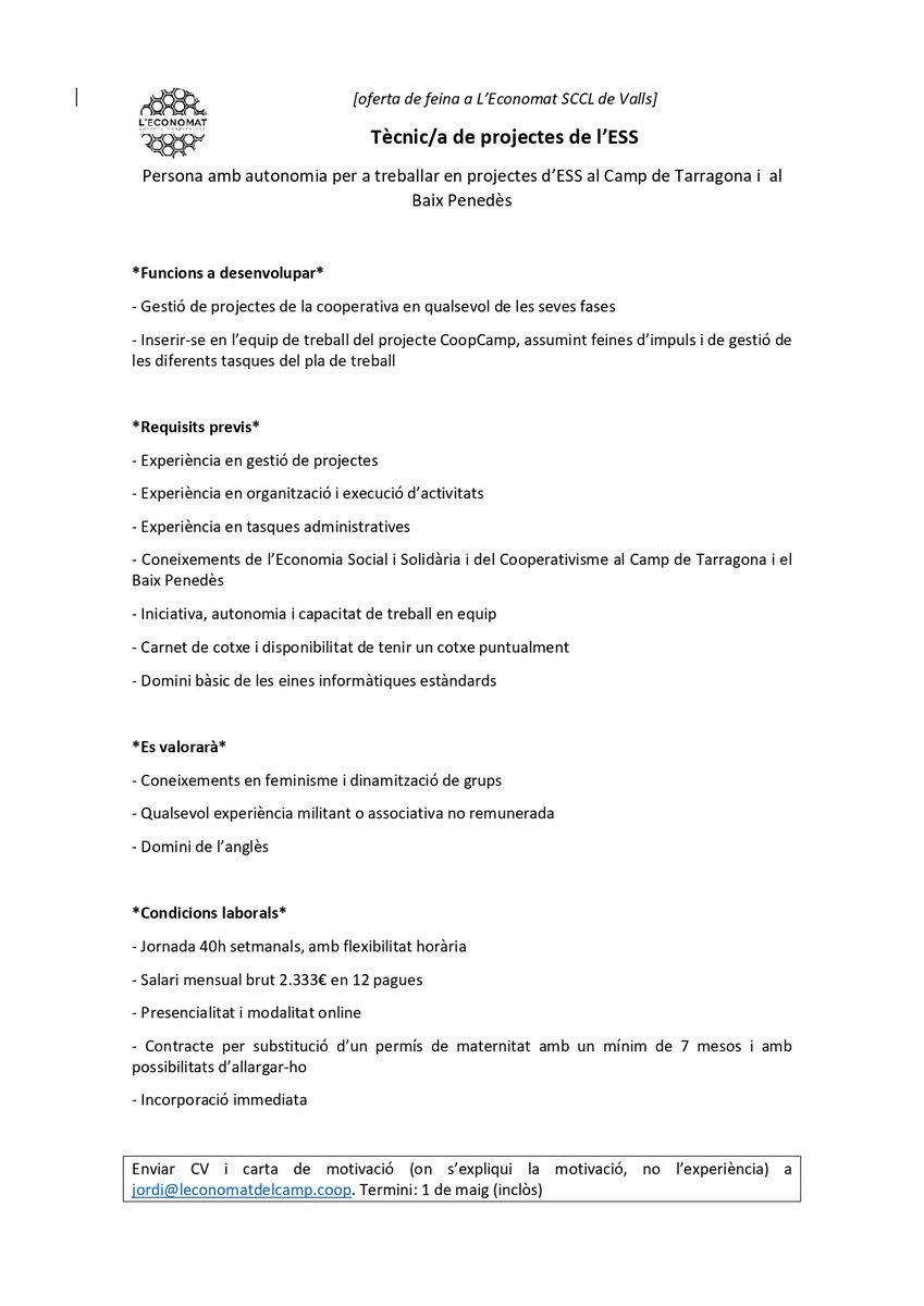economatdelcamp's tweet photo. ⚒️OFERTA DE FEINA
🕵️‍♀️Busquem tècnic/a de projectes!
💾CV+carta motiv. a jordi@leconomatdelcamp.coop
📆Data límit 1 de maig
👇Condicions a sota https://t.co/3ldXPSzuS6