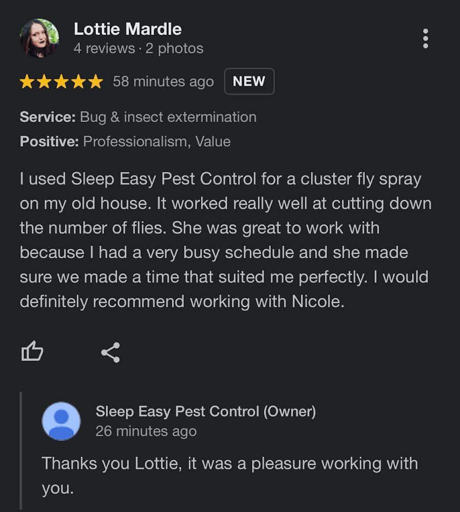SleepEasyPC's tweet photo. FEEDBACK FRIDAY - GOGGLE REVIEWS
⭐️ ⭐️ ⭐️ ⭐️ ⭐️
Thank You Lottie Mardle for sharing your experience with Sleep Easy Pest Control!
#Guelph #PestControl #HomeInspections #Home #Mice #Raccons #BedBugs #GoogleReviews #ClusterFly
https://t.co/Su50akUo6v https://t.co/wCsClmRB5T