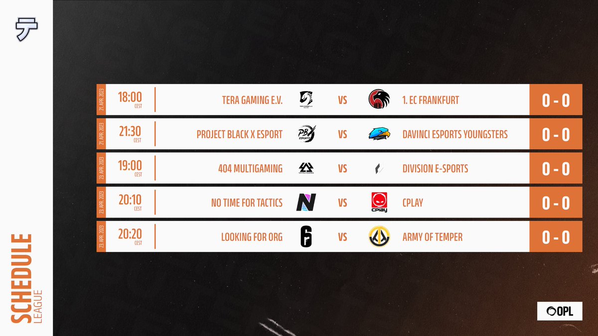MATCHDAY 2!
Sadly, we'll have to show you some filler matches in between, but no worries, they're still bangers!

18.00 CET <a href="/TeraGaming/">Tera Gaming e.V.</a>🆚<a href="/1ECFrankfurt/">1. Esport Club Frankfurt e.V.</a> 
21.30 CET @ProjectBlackXE1🆚 <a href="/davinci_esports/">DAViNCi ESPORTS 🦅</a>