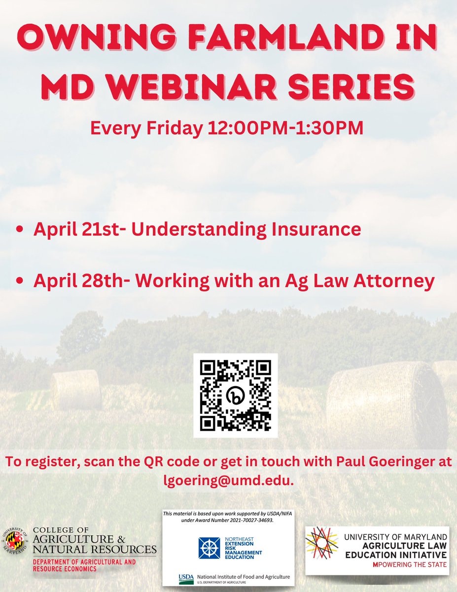 MDAgLaw's tweet photo. Tune in today at noon for our next Webinar focusing on Understanding Insurance! Register for the "Owning Farmland In Maryland" Webinar Series and be sure to check out our online course on our website! https://t.co/vYVtVWqUpq https://t.co/QnAlL8Mqrh
