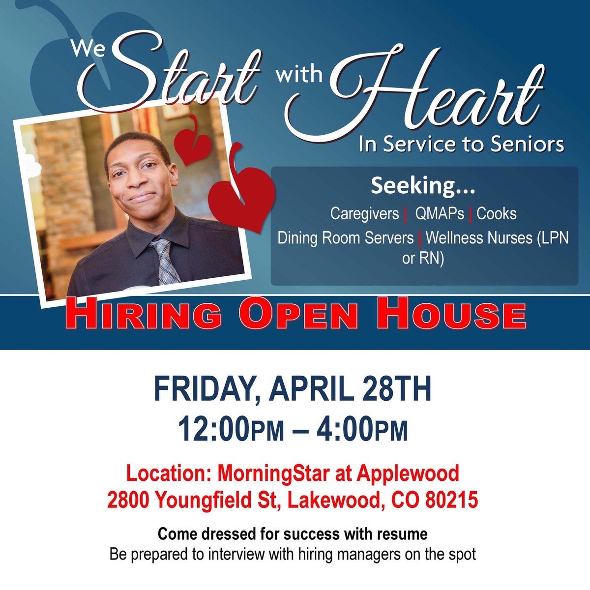 MichelleRoseG33's tweet photo. Job fair. Friendly assisted living community. Located in Lakewood Colorado. #jobfair #denver #jobsindenver #assistedliving #caregiving #caregiver #cook #server #waitstaff #nurses #lpn #rn #qmap #jobseeker #employment https://t.co/jxLNvoxoQb