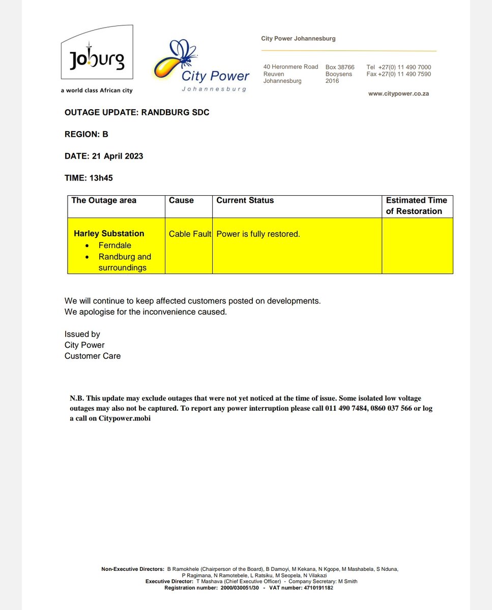 CityPowerJhb's tweet photo. Power is fully restored to customers who were affected by #HarleySub
We're aware of an unplanned power interruption at #RandburgSub operators will be dispatched to investigate.
We'll update affected customers on developments ^DR https://t.co/HxRzlHIrt4