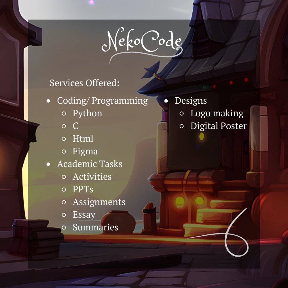 NekoCodes's tweet photo. Open po ako for commissions~ meow

offers:
- HTML
- python
- Figma prototypes (dynamic &amp; interactive)
- C
other:
- Presentations
- Script for Reports
- Logo making
- Other Designing tasks https://t.co/966bcZU90i
