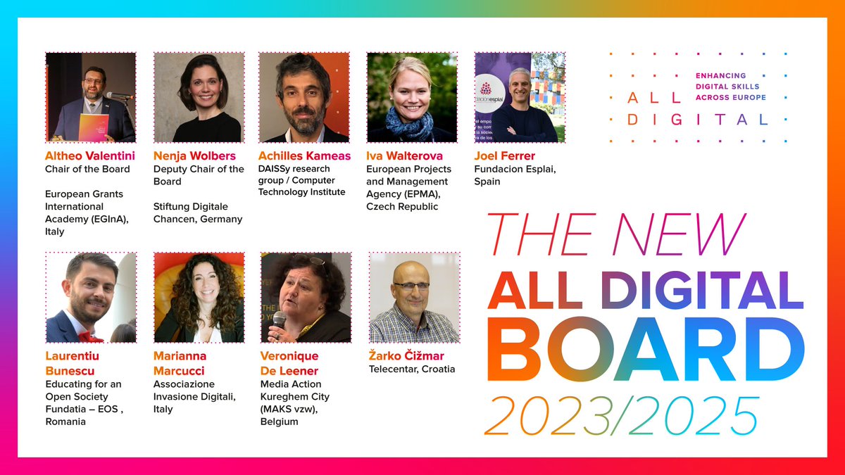 We are excited to announce the new #AllDigital Board for 2023-2025 elected yesterday during our General Assembly in Brussels! Congratulations to:
<a href="/altheovalentini/">Altheo Valentini</a> <a href="/nenjalu/">Nenja Wolbers</a> <a href="/achilleskameas/">Achilles Kameas</a> <a href="/LBunescu/">Laurentiu Bunescu</a> <a href="/zcizmar/">Zarko Cizmar</a>, Joel Ferrer
<a href="/fundacionesplai/">Fundación Esplai</a>, <a href="/vdleen/">Veronique De leener</a>, <a href="/MariannMarcucci/">Marianna Marcucci</a>, <a href="/IvaSW/">Iva Walterova</a>