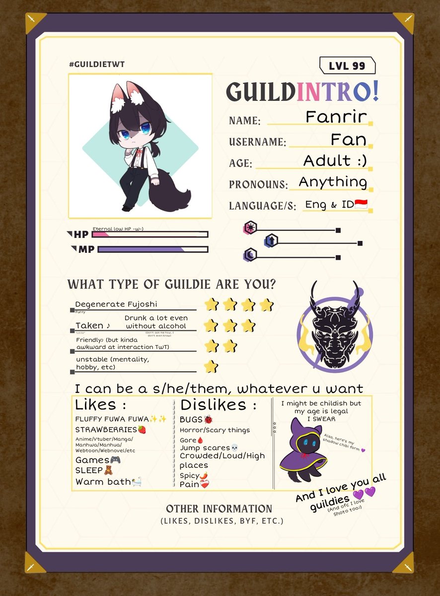 BiiFan_Fenrir's tweet photo. I'M SUPER LATE BUT I STILL WANT TO DO IT
Nice to meet y'all, guildies๐๐๐:D
(Also as for my dislikes, except bugs, I still want to watch it if it's shoto's stream lmao)
#guildietwt #guildiesona https://t.co/DHyanEtZjE
