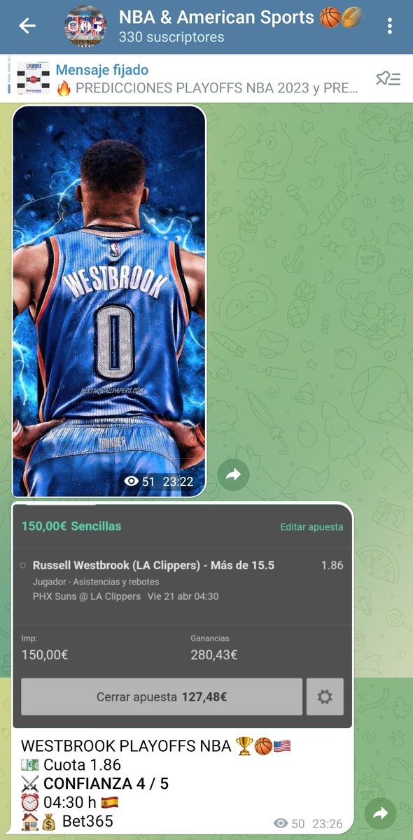 NBAandUSASports's tweet photo. Anoche fuimos con Westbrook... y acertamos!! Gran análisis y CONFIANZA ALTA 🏀🇺🇸🔥✅️
#NBAPlayoffs #nbaapuesta #apuesta #bet365 #pronóstico #NBA #Westbrook https://t.co/Q9YR38KrF6