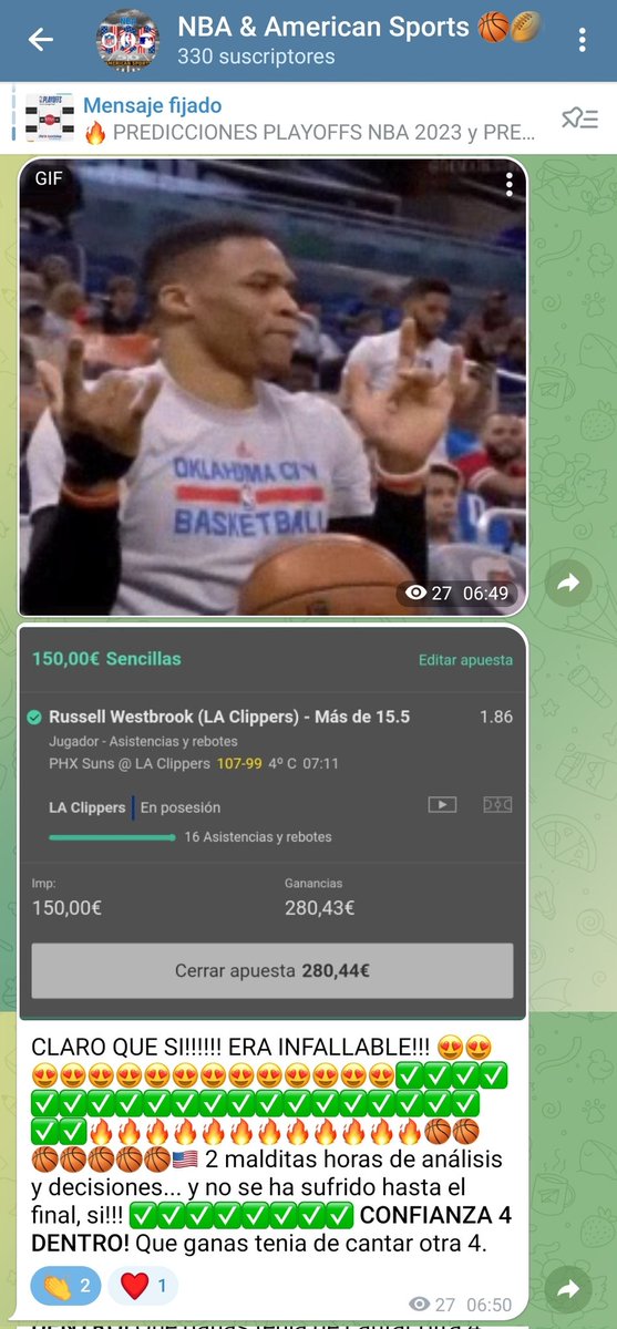 NBAandUSASports's tweet photo. Anoche fuimos con Westbrook... y acertamos!! Gran análisis y CONFIANZA ALTA 🏀🇺🇸🔥✅️
#NBAPlayoffs #nbaapuesta #apuesta #bet365 #pronóstico #NBA #Westbrook https://t.co/Q9YR38KrF6