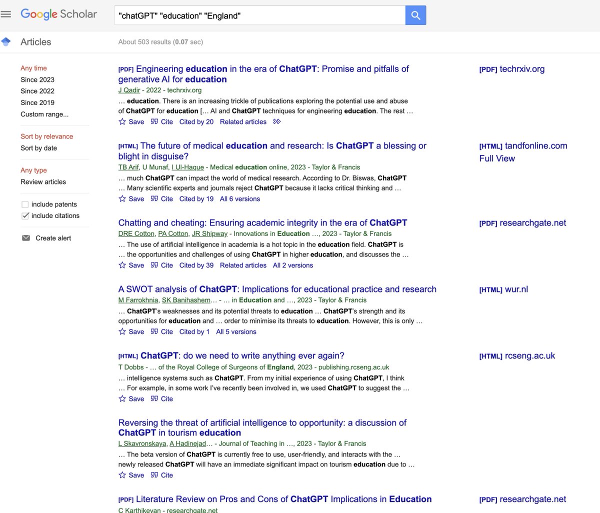 TeacherToolkit's tweet photo. Currently, ~3,400 articles on #ChatGPT in education ... and 503 references to its use/research in England.
This is new research territory.
#EdDchat https://t.co/FUWzrEuuha