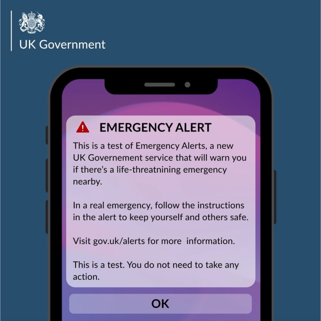 MrdTechnologies's tweet photo. This Sunday, the UK government is preparing for a nationwide test of its Emergency Alert System. 

At 3 pm BST, mobile phones and tablets will broadcast an alarming sound or vibration as part of this test alert - accompanied by a simple message from the government to explain w... https://t.co/wYXVsXz7A1