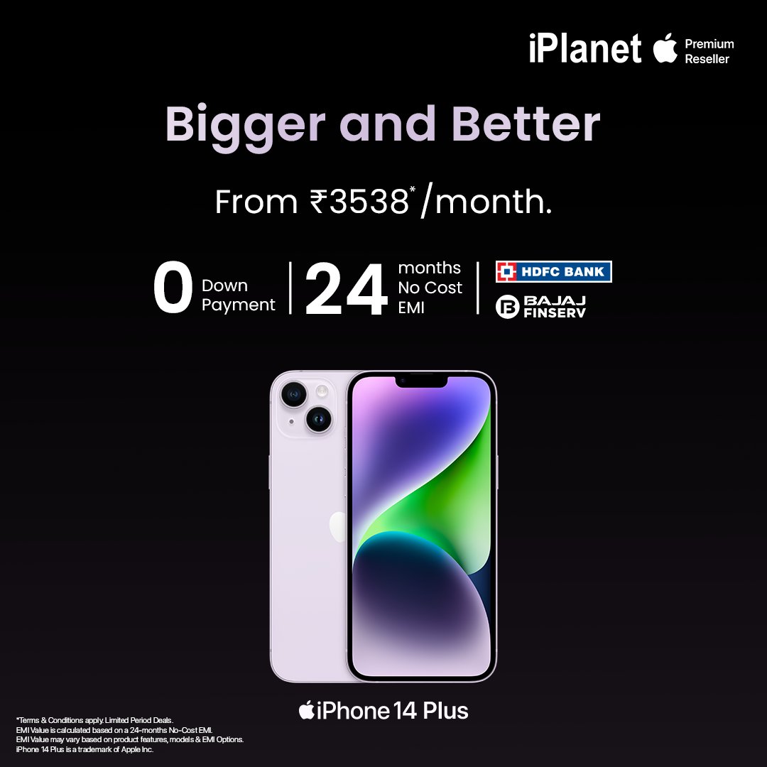 iPlanetOfficial's tweet photo. iPhone 14 Plus for just ₹3538/month on Consumer Loans No-cost EMI. 
Visit your nearest iPlanet Store https://t.co/qCxKkQEEwU to check your eligibility now.

#iphone14plus  #appleiphone14plus #consumerloans #EMI #bajajfinserv #BajajFinance #photography #ios #NoCostEMI #iPlanet https://t.co/FktoUQ62ra