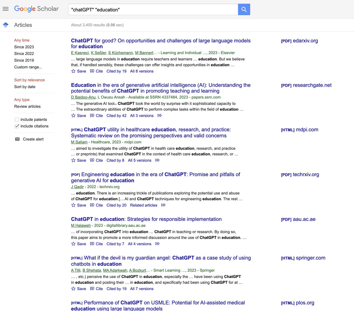 TeacherToolkit's tweet photo. Currently, ~3,400 articles on #ChatGPT in education ... and 503 references to its use/research in England.
This is new research territory.
#EdDchat https://t.co/FUWzrEuuha