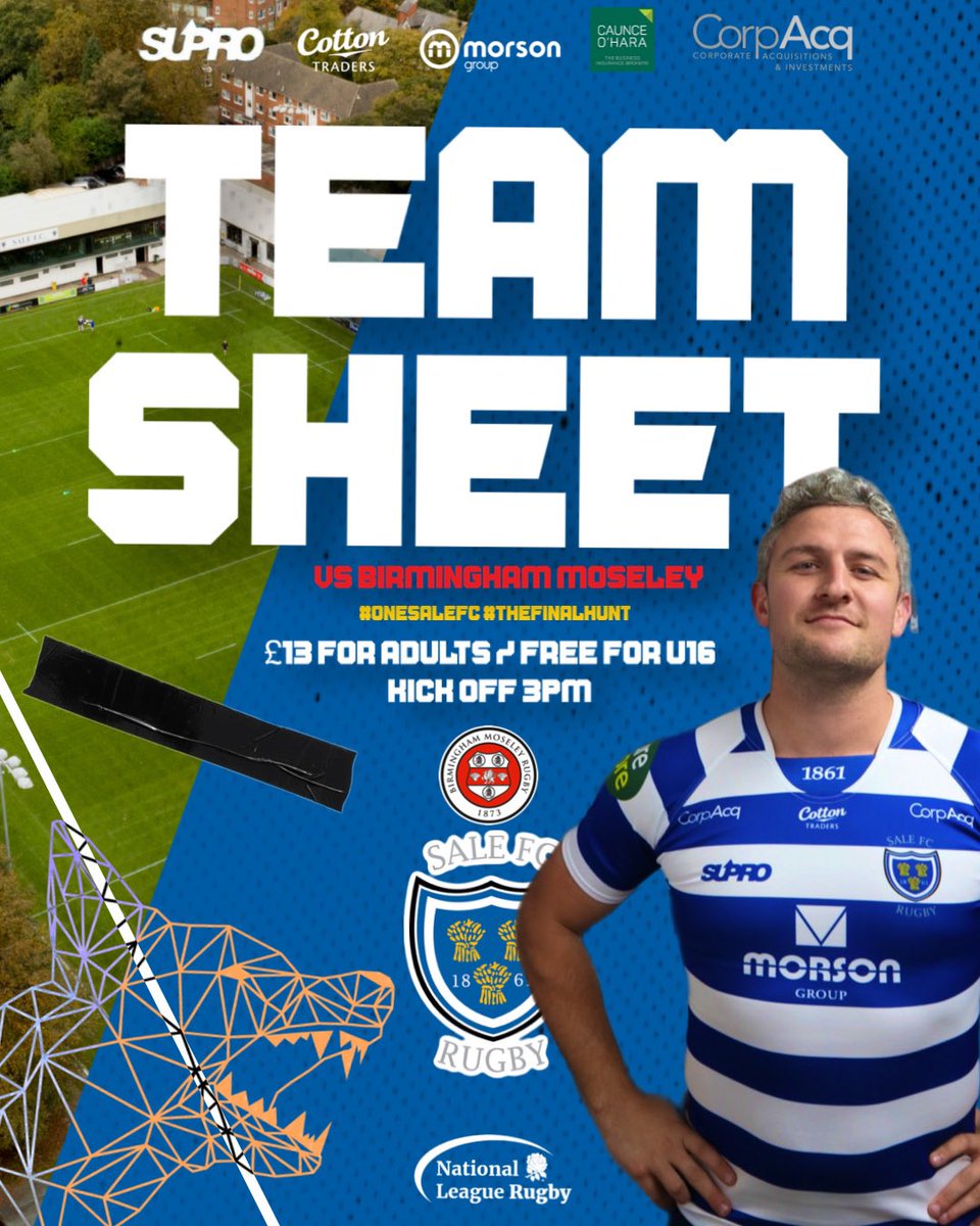 SaleFC's tweet photo. The final game of the 2022/23 season is here! 🥹

It’s @MoseleyRugbyFC coming to the CorpAcq Stadium in @Natleague_rugby 

We need your support!🙌

🔵Back line stays the same as Rosslyn ⚪️Ford &amp; DB returns to start 
🔵Oskar &amp; Stout return to the team

#OneSaleFC 
#TheLastHunt https://t.co/pAz4NIuLy6