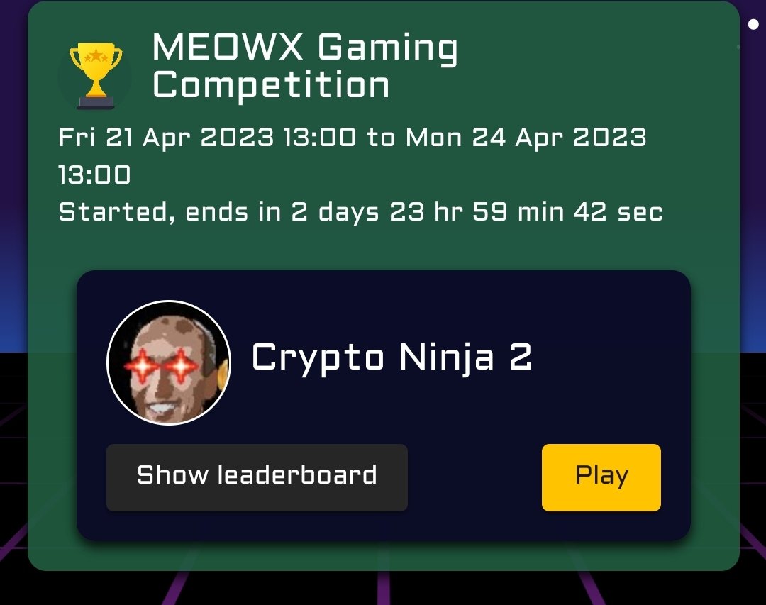 The @MEOWXRPP utility gaming competition is now live! 

arcade-x.com/comps

Hold a #MEOWX #NFT then you qualify for the event.