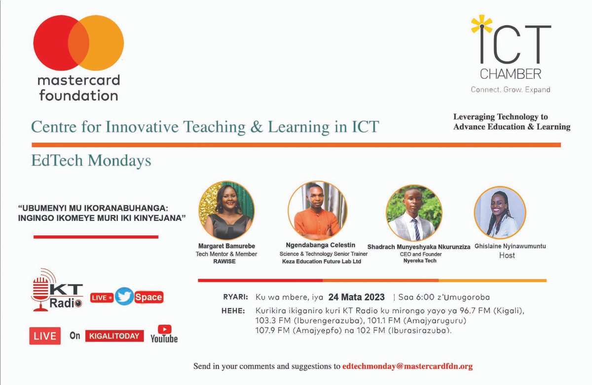rwictchamber's tweet image. EdTech Monday is back with more insights on digital literacy as a component of the 21st century skills on Monday, April 24th!
 Follow the talk show on @ktradiorw and Live 🔴 on @kigalitoday from 6pm-7pm!
@MastercardFdn

#EdTechMonday
#DigitalLitercay