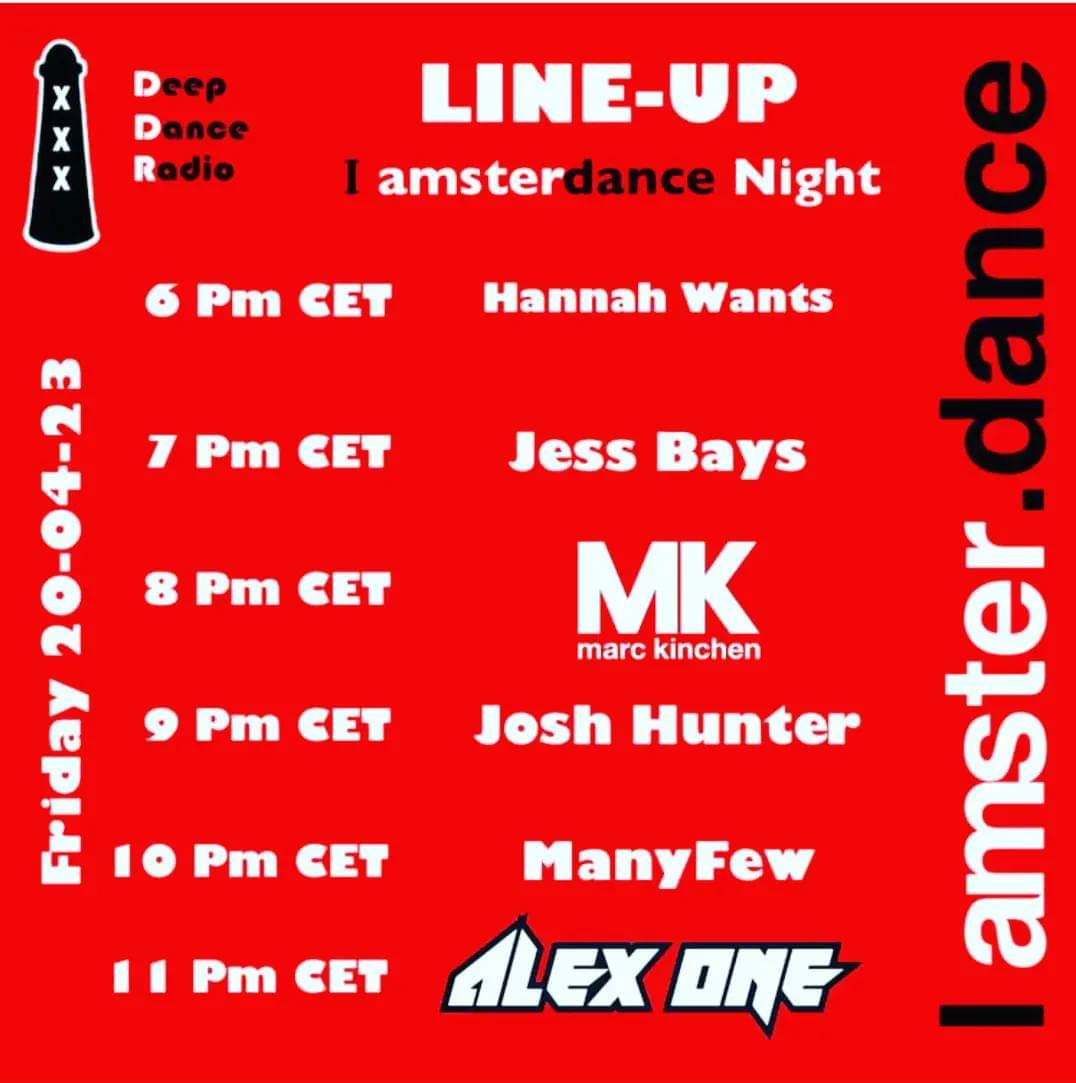 ALEX52835871's tweet photo. ⚠️TONIGHT 11 pm ⚠️
Here is the line-up  for The I Amsterdance Night of Friday 21-04-23 on ➡️https://t.co/OFJ8VJkLtD @deepdanceradio ➡️➡️11PM @dj_alexone_official__alexrizzo 
 #radio #amsterdam #clubbing #beatport #house  #dj 
https://t.co/1vzIUZ8pdI #iamsterdancenight https://t.co/KUblMx8tiQ