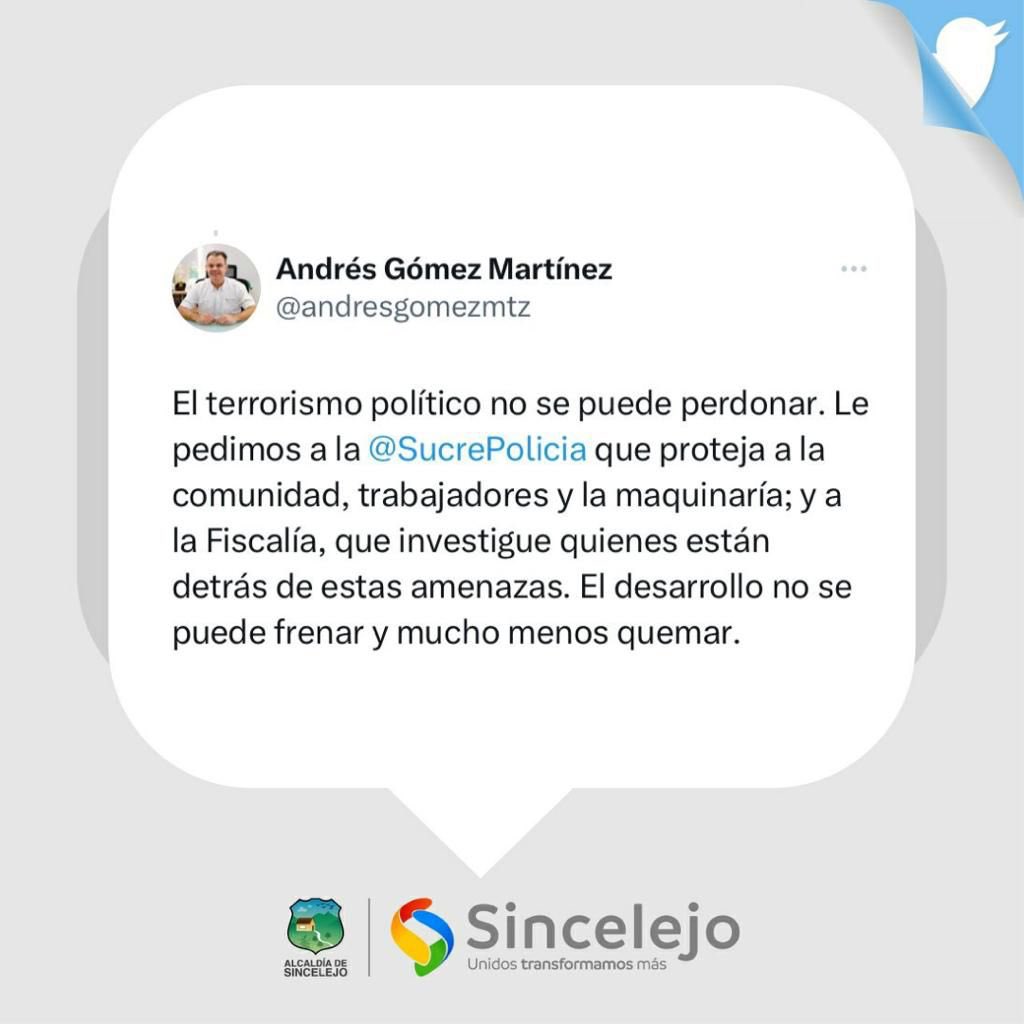 elmeridiano_co's tweet photo. El terrorismo político no se puede perdonar: Alcalde Gómez.

Hace pocos minutos el alcalde de Sincelejo denunció públicamente que algunas máquinas que están llegando a la avenida Argelia estarían en riesgo de ser quemadas por algunas personas.

Pide de manera urgente a la @FiscaliaCol @SucrePolicia que investiguen. @alcaldiasljo @FOMVASincelejo