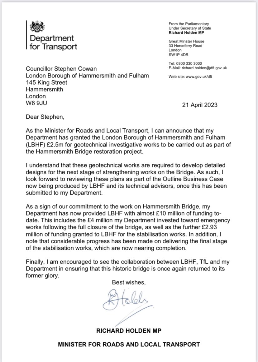 GregHands's tweet photo. The Government steps in *again* on #HammersmithBridge with funding for more works. 

Many thanks Minister @RicHolden for taking this on after my recent meeting with @Mark_J_Harper &amp; @tony_devenish.

Now Hammersmith &amp; Fulham Council must produce their long-awaited business case. https://t.co/0ol8KLU7ca