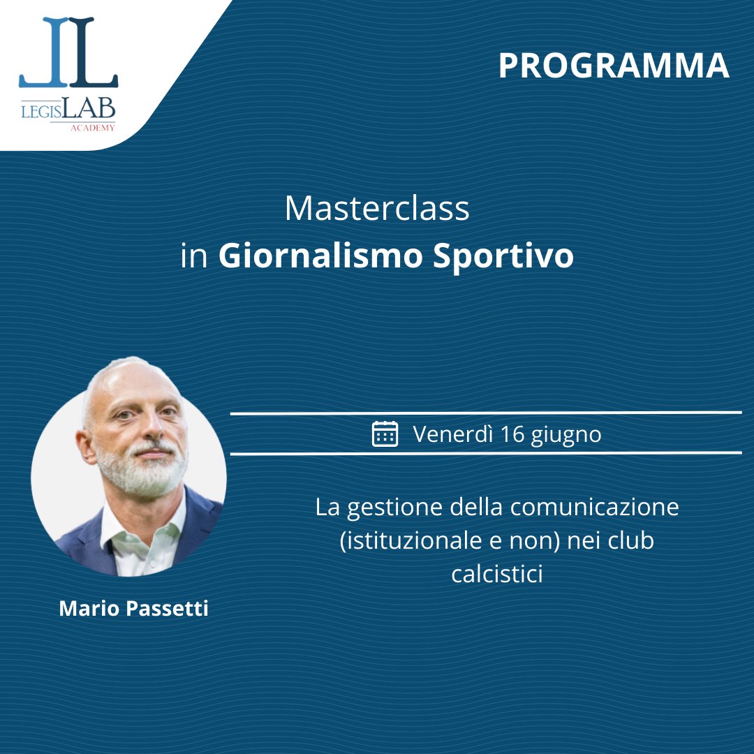LegisLABAcademy's tweet photo. A guidare la sessione della Masterclass in Giornalismo Sportivo il 16 giugno ci sarà:

🎤 Renato Maisani @RenatoMaisani 
🎤 Mario Passetti @mariopassetti 

📩 Per saperne di più, invia una mail a info@legislabacademy.com.

#legislabacademy #giornalista #giornalistasportivo #sport https://t.co/K3NJ6Aipkf