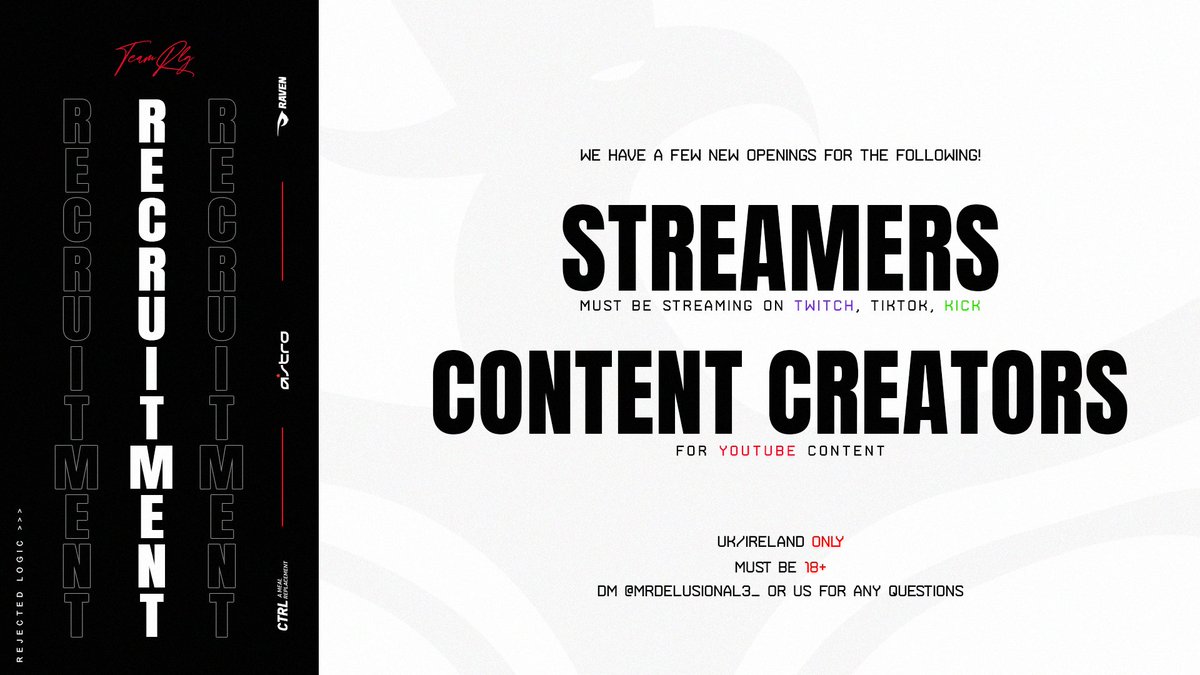 Rejectedlogic's tweet photo. ❕ ATTENTION ❕

Looking for the following:
🖤 Streamers (Twitch/Kick/TikTok)                                                                       
🖤 Content Creators (TikTok/YouTube)

If you have talent in creating funny & captivating content or enjoy raging at games live on stream, submit an application for a chance to join the RL team ‼

Entries must be 18+ and based in UK/IRE, applications close 05/05; form below ⬇⬇