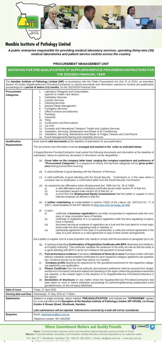 NamibiaNip's tweet image. Invitation to Suppliers/Service Providers/Contractors.

#NIPWhereCommitmentMattersAndQualityPrevails