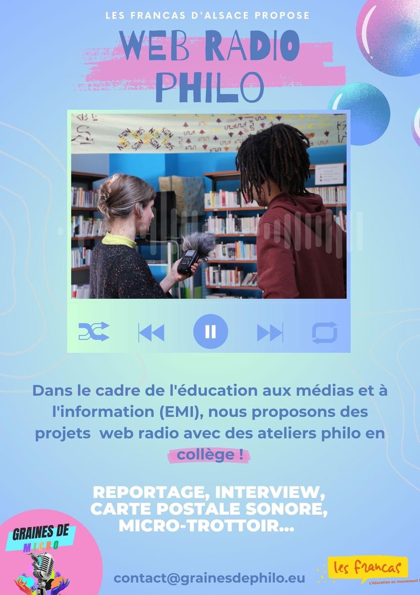 Graines2philo67's tweet photo. Projet « Une Webradio Philo, un•e parrain/marraine » dans le cadre EMI : n’hésitez pas à nous contacter pour Pius d’infos ! 
Projet ouvert aux collèges ! 🌱 #webradio #strasbourg #philoenfants https://t.co/66HFrl8q3D