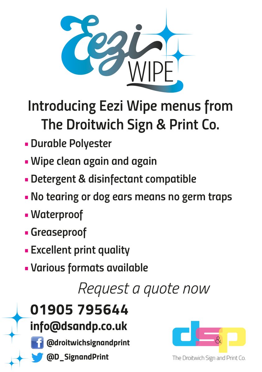 Droitwich Sign and Print (@d_signandprint) on Twitter photo Our Eezi Menu design is that it is #waterproof so that it can be cleaned, it also won’t get wet so it doesn’t end up with those dogears. Get a quote and order your wipe-clean menus today - info@dsandp.co.uk
#creativityandinnovationday #WorldCreativityandInnovationDay Our Eezi Menu design is that it is #waterproof so that it can be cleaned, it also won’t get wet so it doesn’t end up with those dogears. Get a quote and order your wipe-clean menus today - info@dsandp.co.uk
#creativityandinnovationday #WorldCreativityandInnovationDay